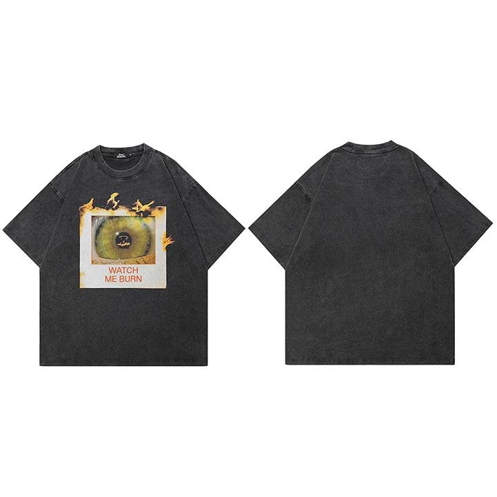 

Hip Hop Retro Washed Black TShirt Streetwear Watch Me Burn Eye Graphic T Shirt Cotton Men Tshirt Unisex Tops Tees Hipster S