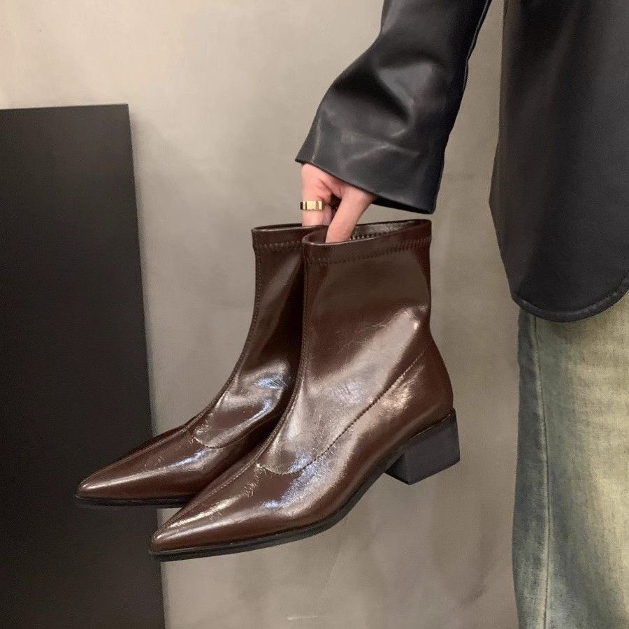 Korean small bare boots, black pointed short boots, women's shoes 2025 new models, super autumn and winter foreign thick heel thin boots