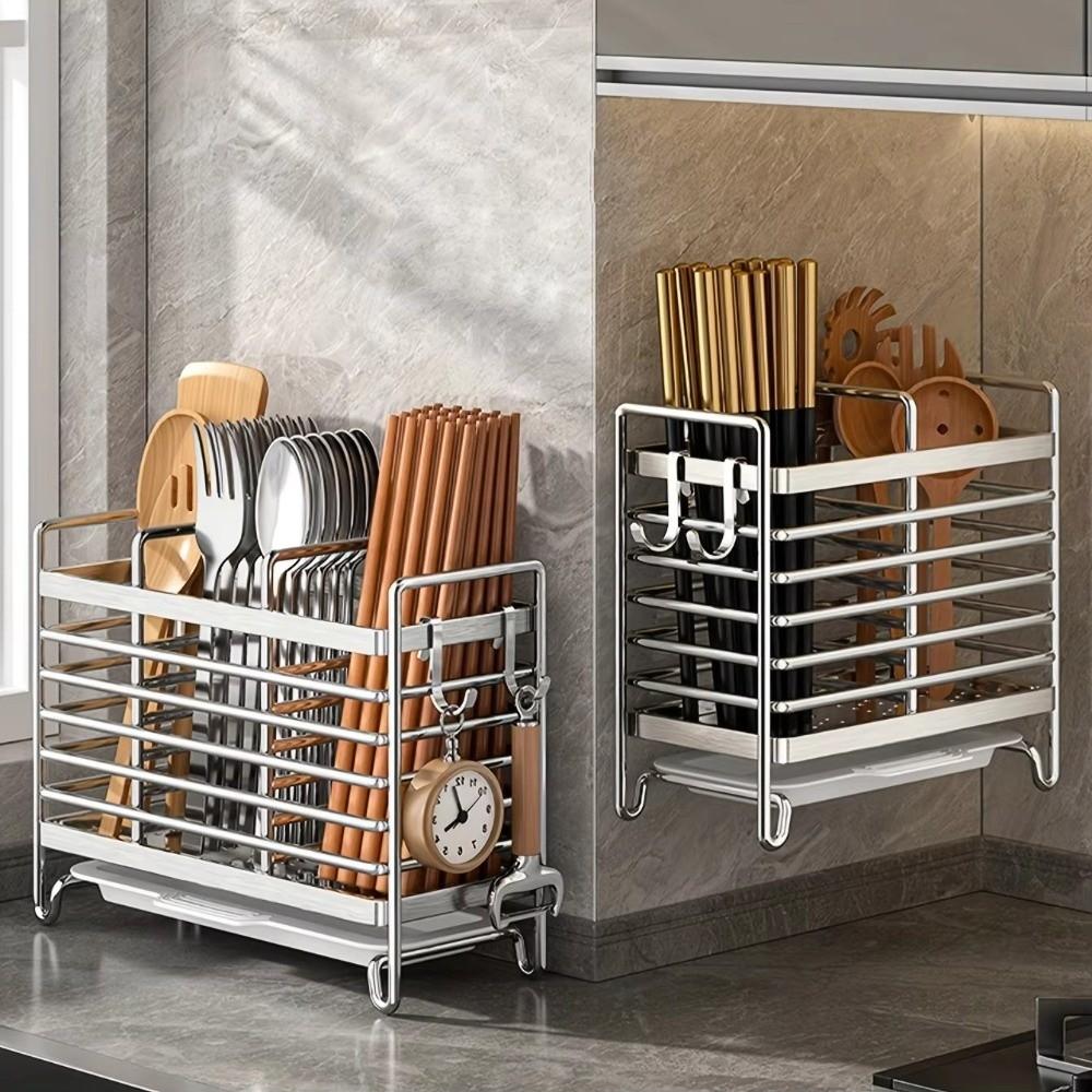 No-Drill Chopstick Holder Rack Stainless Steel Cutlery Rack  Kitchen Cutlery Organizer