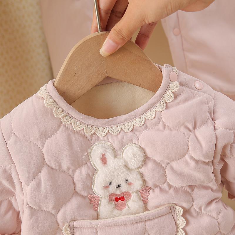 Różowy kombinezon bawełniany dla niemowląt z kieszonkowym króliczkiem, z podszewką z polaru, ciepłe okrycie wierzchnie na jesień/zimę dla noworodków.