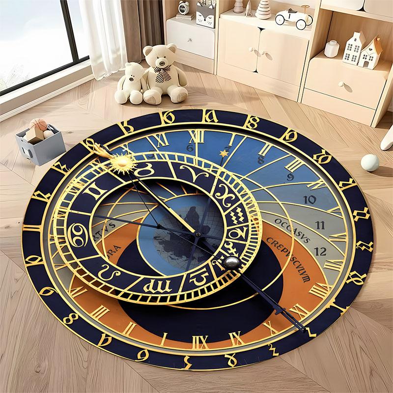 Vintage Prague Astronomical Clock Round Rug Medieval Astrology Zodiac Non-Slip Carpet for Gothic Steampunk Home Decor mat