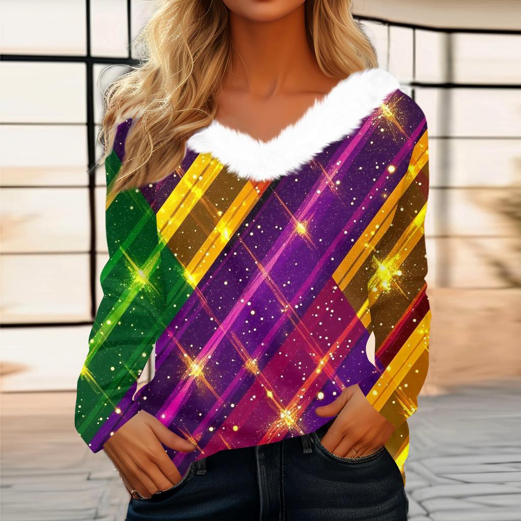 Dámský volný ležérní top s dlouhým rukávem a potiskem, plyšový límec ve tvaru V, top s dlouhým rukávem