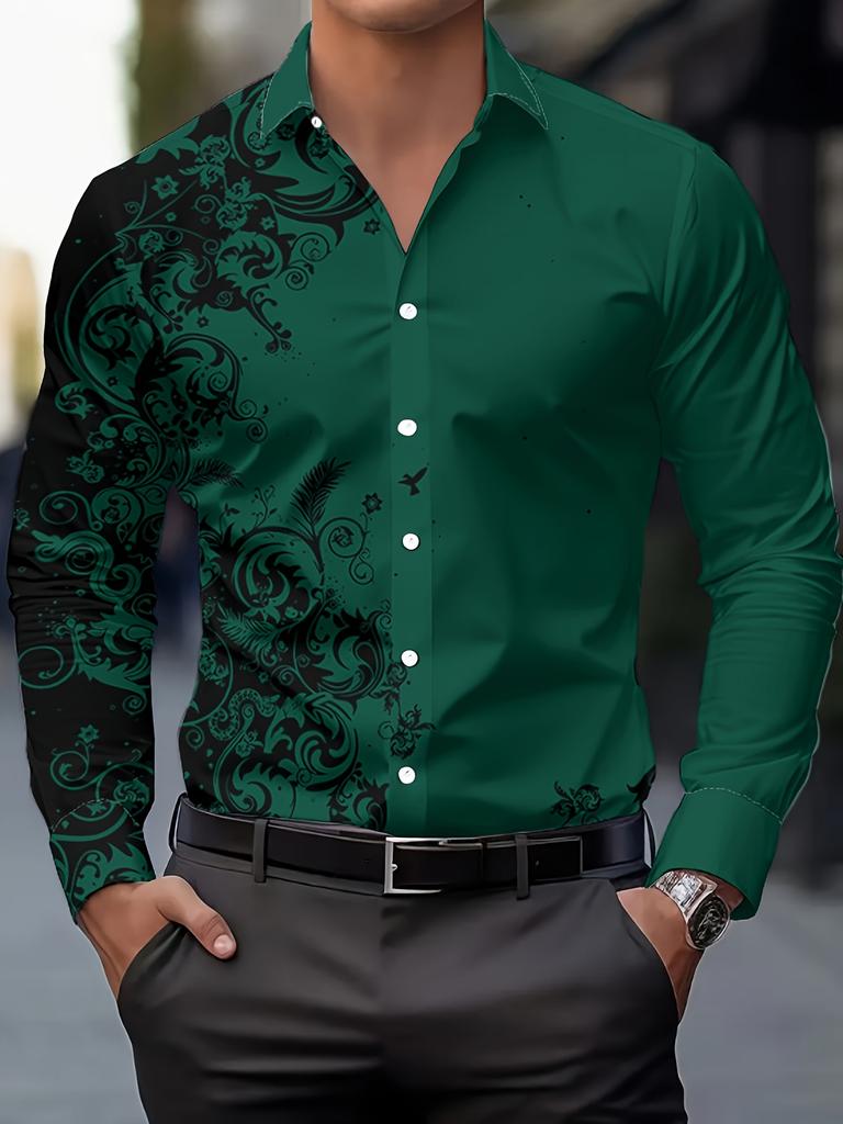 Camicie da uomo alla moda con stampa, per primavera e autunno, casual, traspiranti, con colletto, bottoni, manica lunga