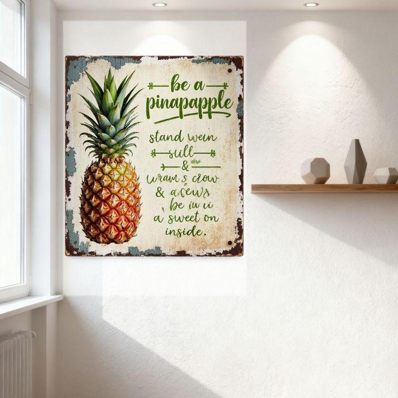 Vintage Rustic Pineapple Metal Tin Sign with 'Be a Pinapple' Whimsical Text - Distressed Tropical Decor for Home Cafe Bar Man Ca