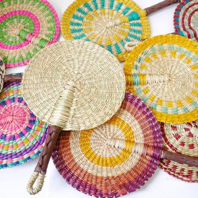 Colorful Striped Patterns Seagrass Woven Fan Vintage Anti-Mosquito Cattail Fan Portable Bohemian Decorative Handheld Fans