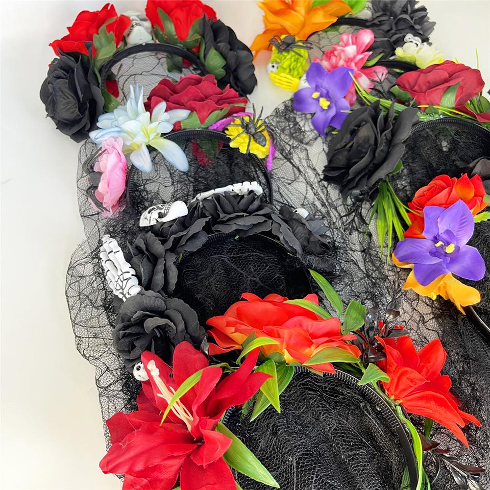 Bentiță Coroană de Flori Ziua Morților cu Voal Negru Accesorii de Petrecere pentru Femei