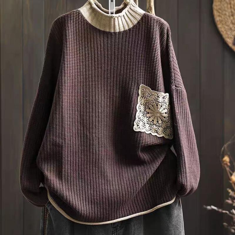Cotton Knitted Sweater Womens Relaxed Fit Large Version Meat Covering Autumn and Winter Literary and Everyday Pullover Top