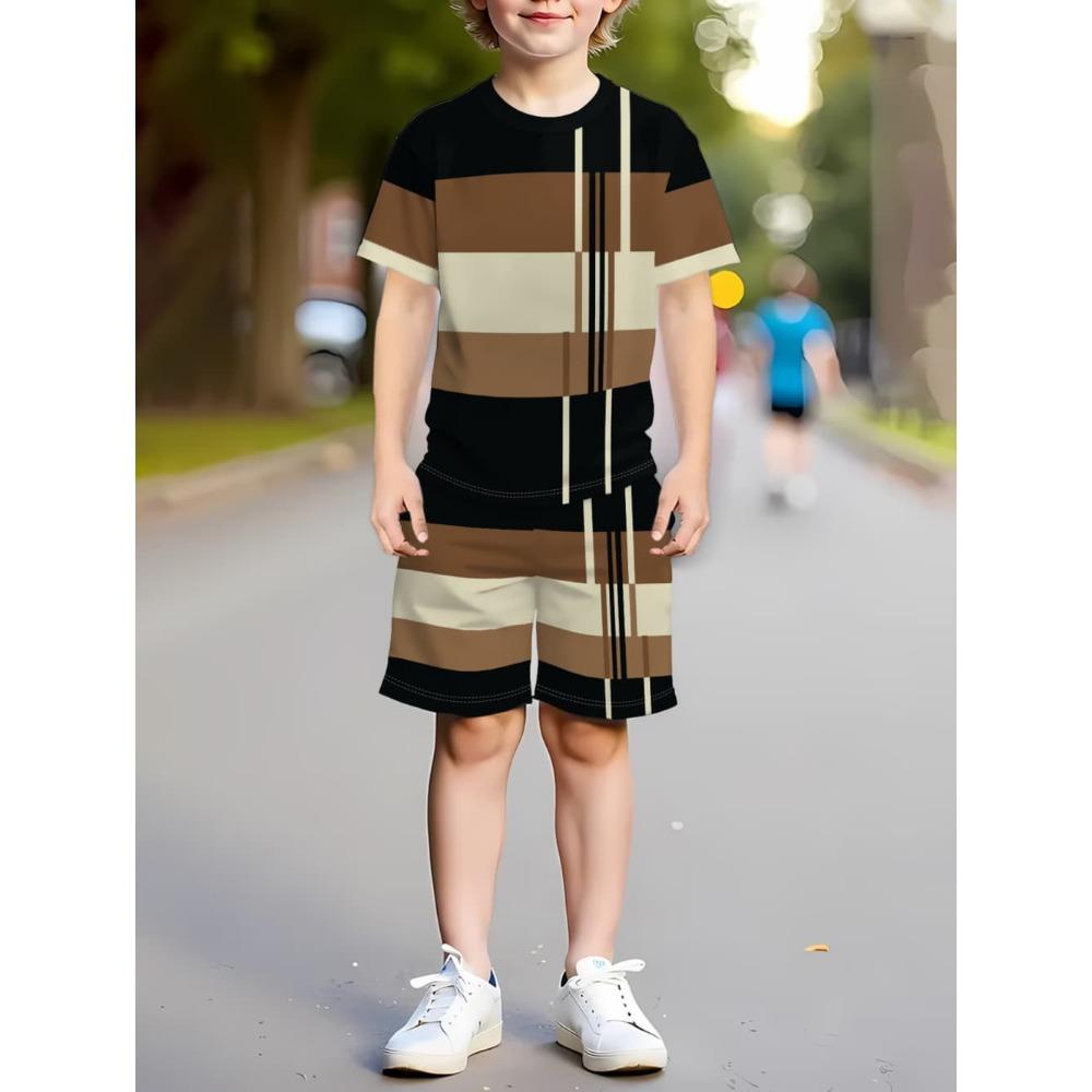 Boys Clothes Simple Striped 3D Printed Short Sleeve T-Shirt Sets Loose Casual Summer Outdoor Quick Drying Children's Clothing