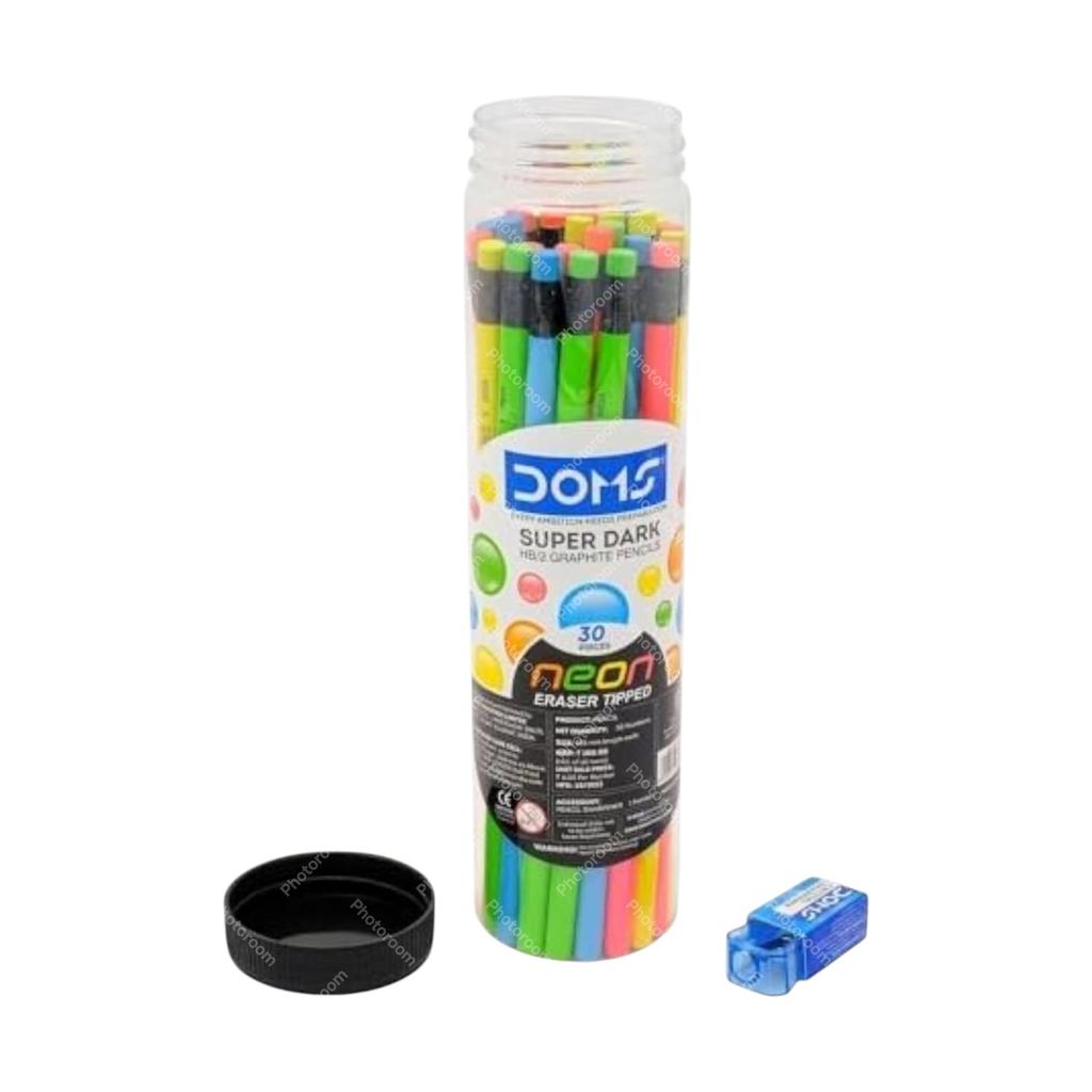 Doms Neon Rubber Tipped HB/2 Graphite Pencil Jar Pack of 30 with Sharpener, Eraser & Scale for Students and Artists