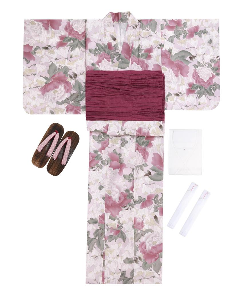 Yukata Textured Natural Set Heiko Geta Waist A Free [KYOETSU] Set, Weave, White, 6-Piece (Yukata, Obi, Undergarment, Sandals, Cord), Women's (Rose