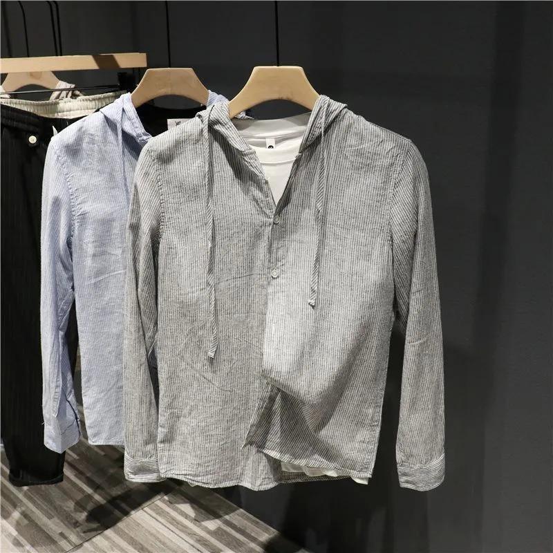 

Men s Linen Striped Hooded Shirt Casual Long Sleeve Breathable Button-Up Top L сірий колір
