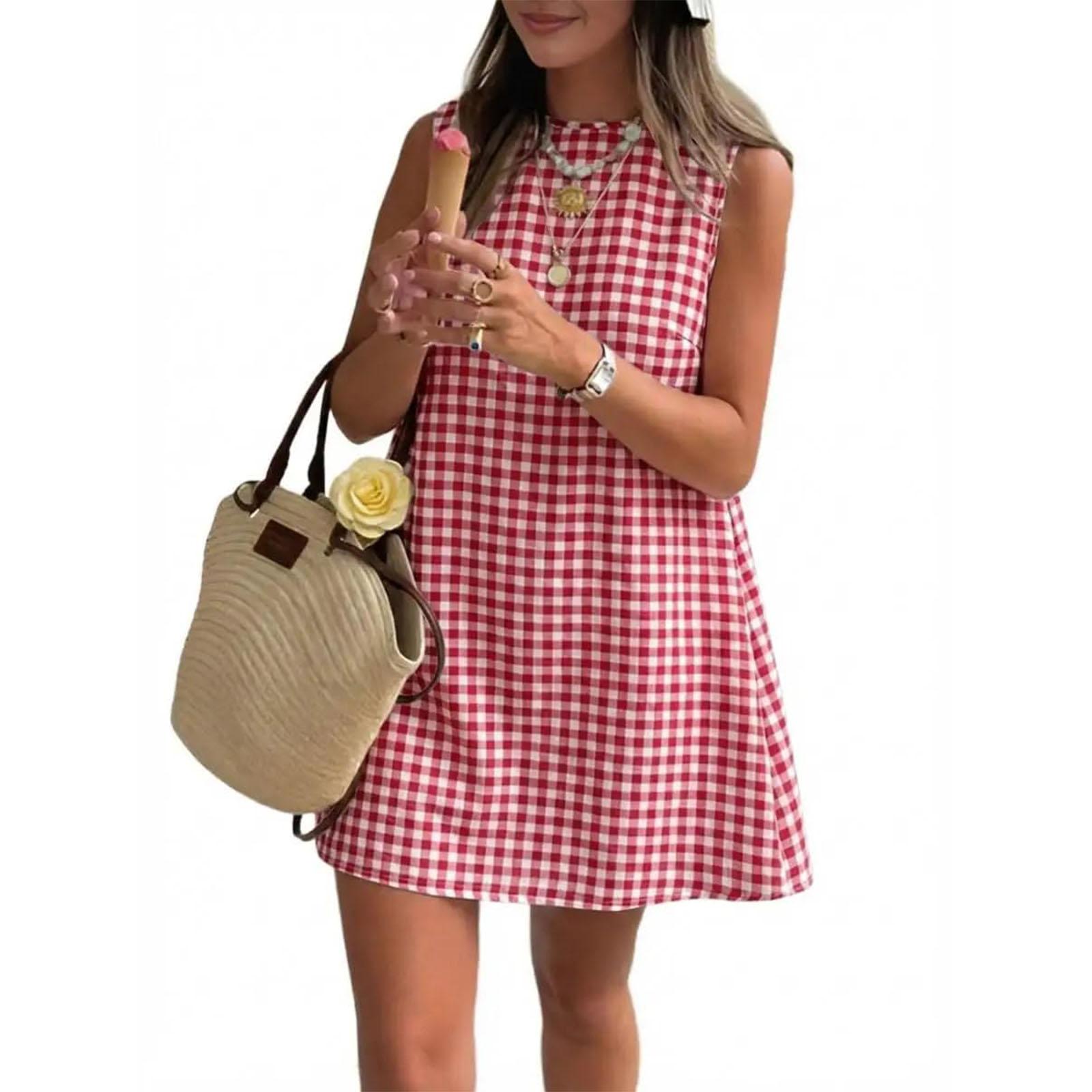 Dress Women Plaid Checkered Sleeveless High Neck A Line Mini Dress Casual Loose Fit Summer Dress S