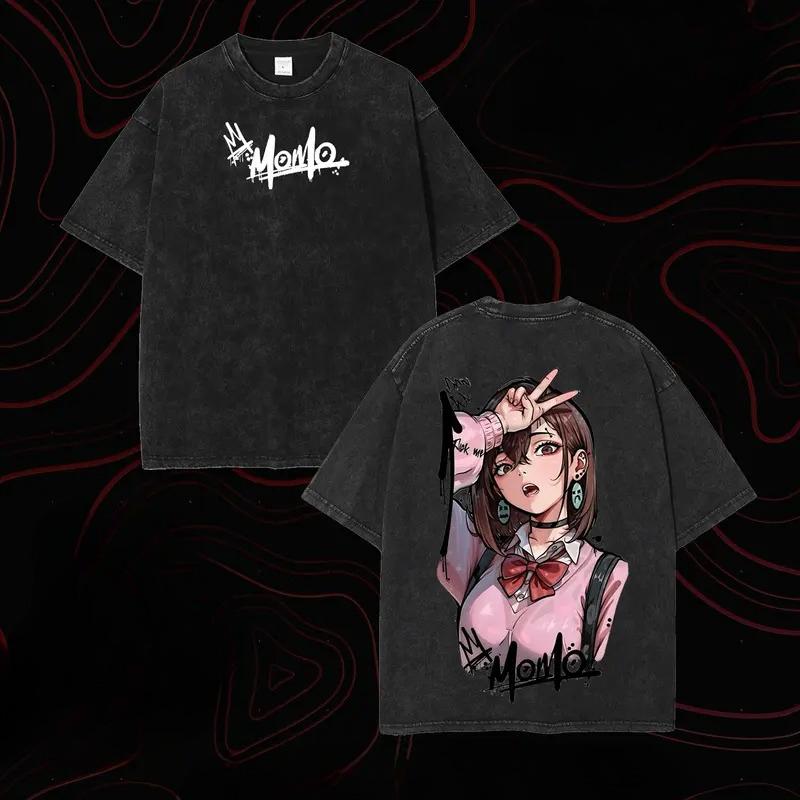 Dandadan Momo Ayase Graphic T Shirt Front Graffiti Logo Back Character Vintage Washed Short Sleeve Crew Neck Unisex Anime Streetwear Tops Tees
