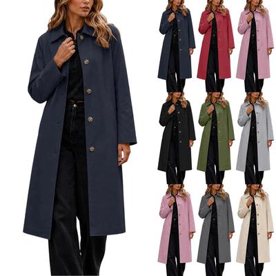 Women's Fashion Color Lapel Button-Down Mid-Length Loose Fit Trench Coat Outerwear