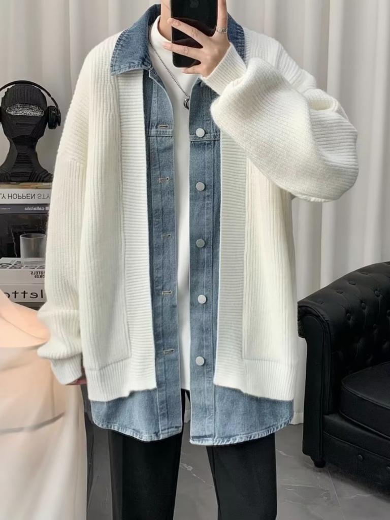 Denim splicing fake two-piece cardigan sweater jacket men's autumn and winter design sense knitted sweater casual loose sweater