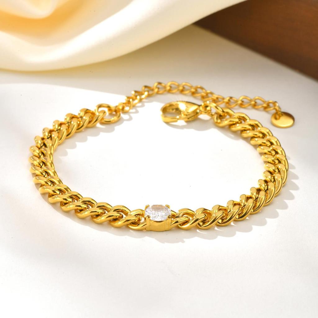 Vnox Classic Stainless Steel Cuban Chain Bracelet With Single Round Zircon Two Color Fashion Jewelry For Women Men 21cm Length