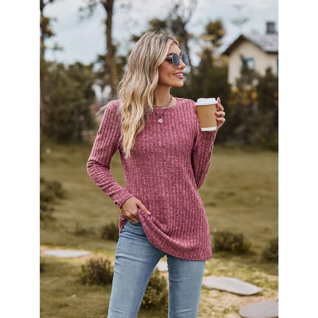 GMXIA Autumn Women's Round Neck Frosted Pit Strip Solid Color Top Long Sleeve T-shirt