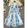French Dress 2025 New Arrival Fashion Elegance Retro Lapels Long Sleeves Waist-Tight Lace Patchwork Printed Long Dress