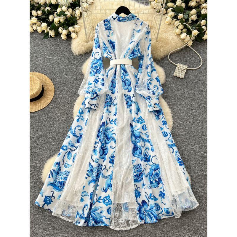 French Dress 2025 New Arrival Fashion Elegance Retro Lapels Long Sleeves Waist-Tight Lace Patchwork Printed Long Dress