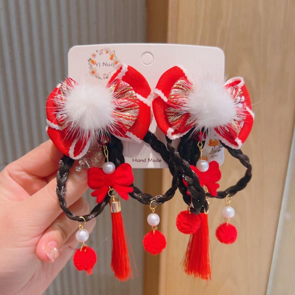 2pcs Chinese Style Wig Braid Hairpin New Year Headress Hanfu Side Clip Children Bow Hairpin  Girls