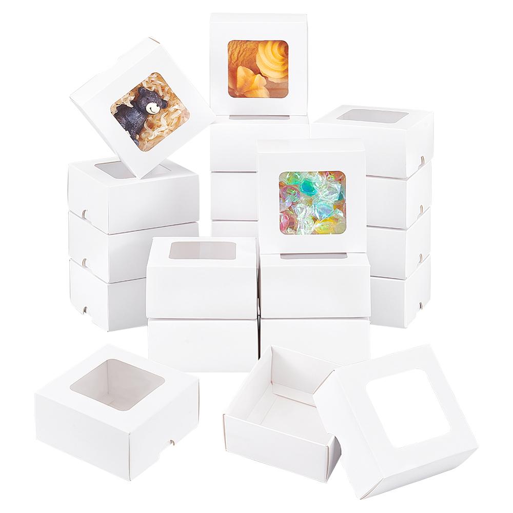20pcs Square Kraft Paper Storage Gift Boxes Visible Winbow Gift Packaging Case White 8x8x4cm