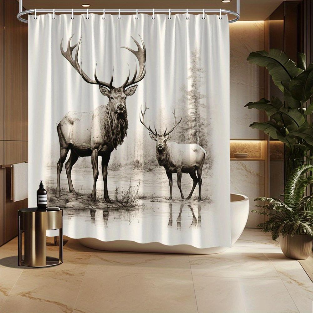 Majestic Elk Forest Shower Curtain - Tranquil Wildlife Design, Male & Female Elk by Misty Pond, Durable Polyester,  Bath Decor 90X180cm