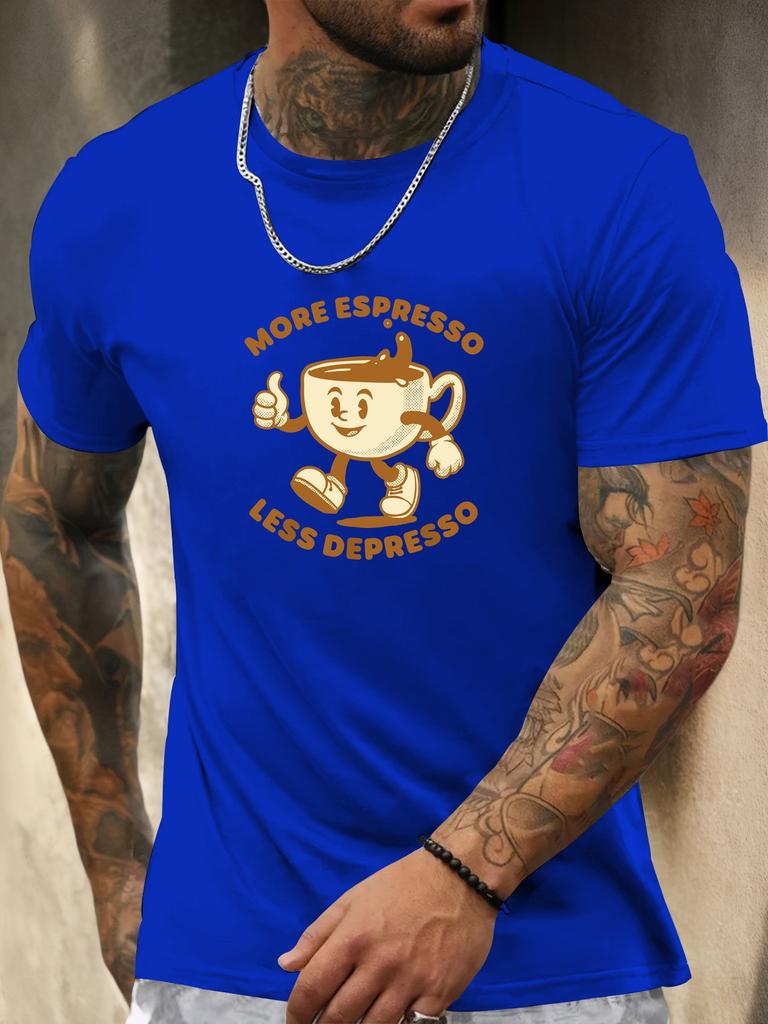 Retro More Espresso Coffee Cup Character Graphic Unisexs Cotton Crew Neck Tee Short Sleeve Loose Casual Daily Street Male Wear Top
