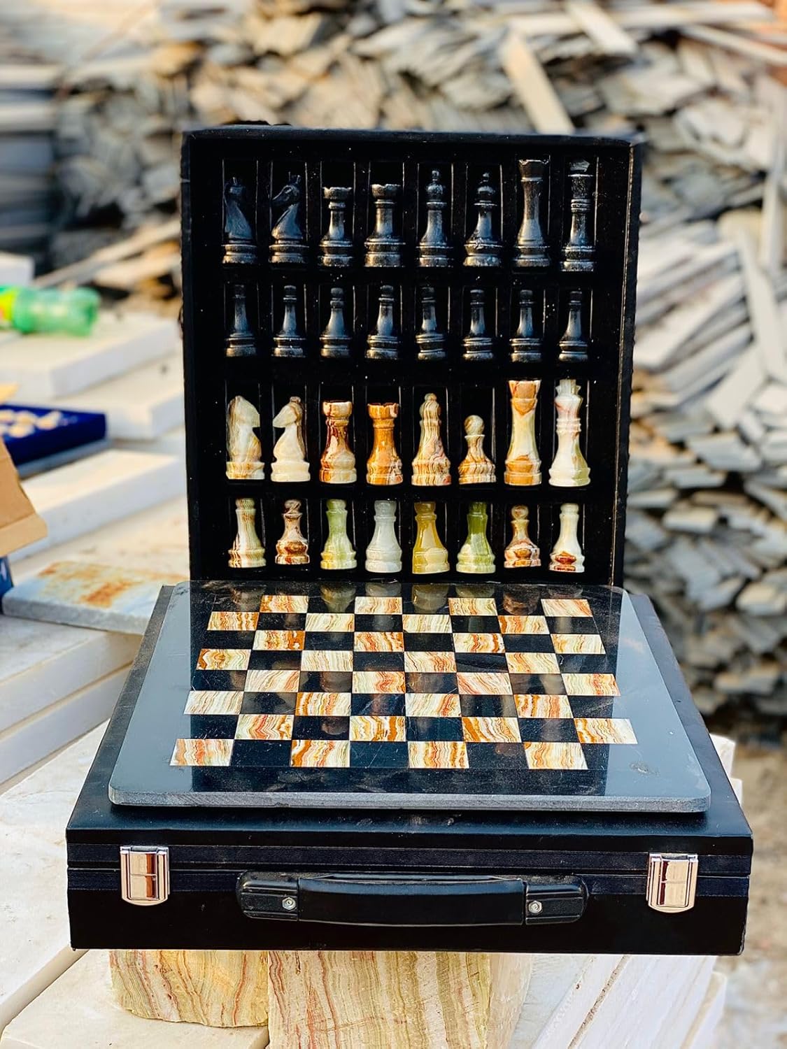 

12-Inch Marble Chess Set with Hand-Carved Pieces – Includes Black Faux Leather Storage Gift Box (White Brown)