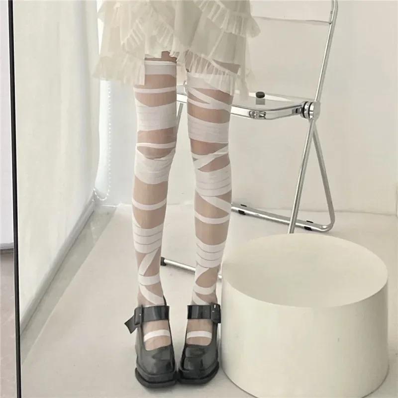 Ultrathin Women Spicy Girl Bandage Stripe Long Stockings Female Japanese Lolita Sexy Summer Cross Tube White Stockings