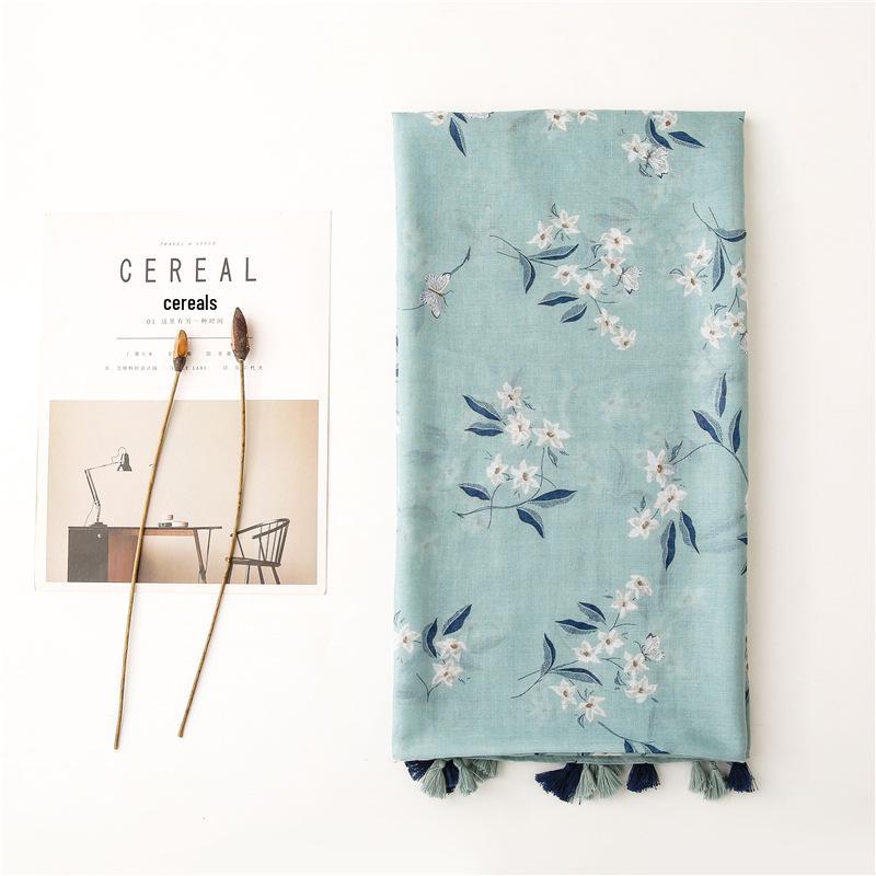 Women's Tassel Scarf: Green Leaf Print, Cotton-Linen Blend, Multi-Functional Shawl for Sun Protection, Spring To Autumn.