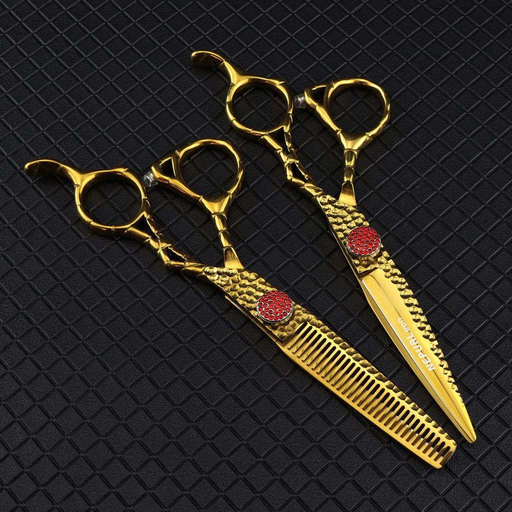 FMX-21 Gold Pattern 6.0-Inch Hairdressing Scissors: Straight, Serrated, and Thinning Shears