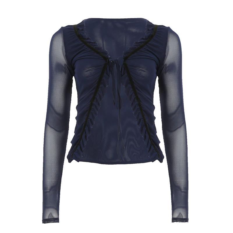 

Женский галстук с деревянными ушками, оборками на талии, легкий сетчатый кардиган, пикантный, сексуальный, с V-образным вырезом, тонкая футболка Hundred M синий