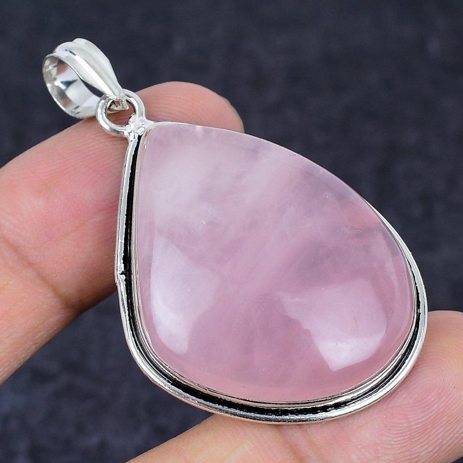 Rose Quartz Gemstone Handmade 925 Sterling Silver Jewelry Pendant 2.17" O5Q08