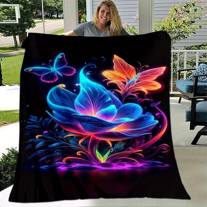 1pc Butterfly Flower Printing Lightweight Flannel Blanket, Comfortable and Warm Blanket, for Camping Sofa Bed and Couch Office, Suitable for