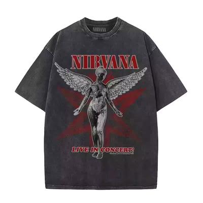 Nirvana Rock Band Men's Retro Cotton Washed Tee In Utero Album Man Women's Oversized Y2K Distress Short Sleeve Summer Unisex Top
