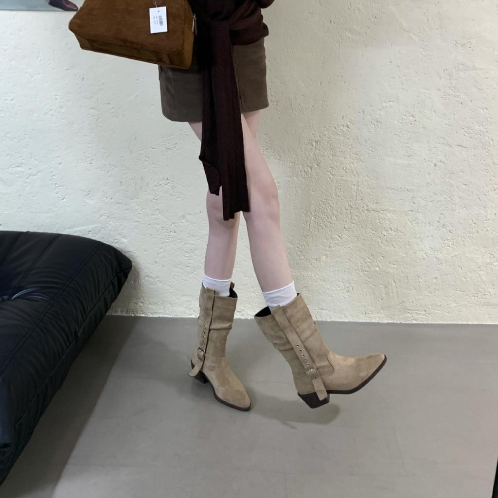 2025 Autumn and Winter New Round Head Thick Heel Belt Buckle Medium Tube Thin Fashion Martin Western Women's Short Boots