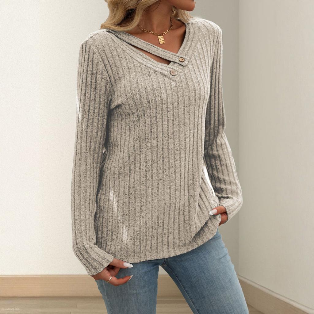 Women's Fashionable Solid Color V Neck Button Long Sleeved Loose Pullover T-shirt Top