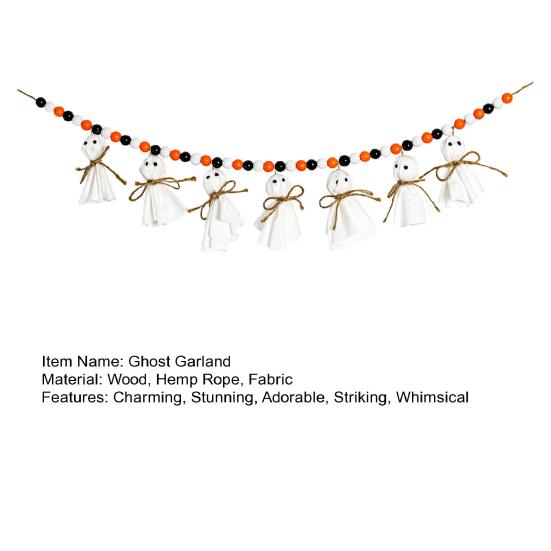 7.2FT Halloween Ghost Garland with Wooden Beads Handmade Rustic White Ghost Decor Vintage Farmhouse