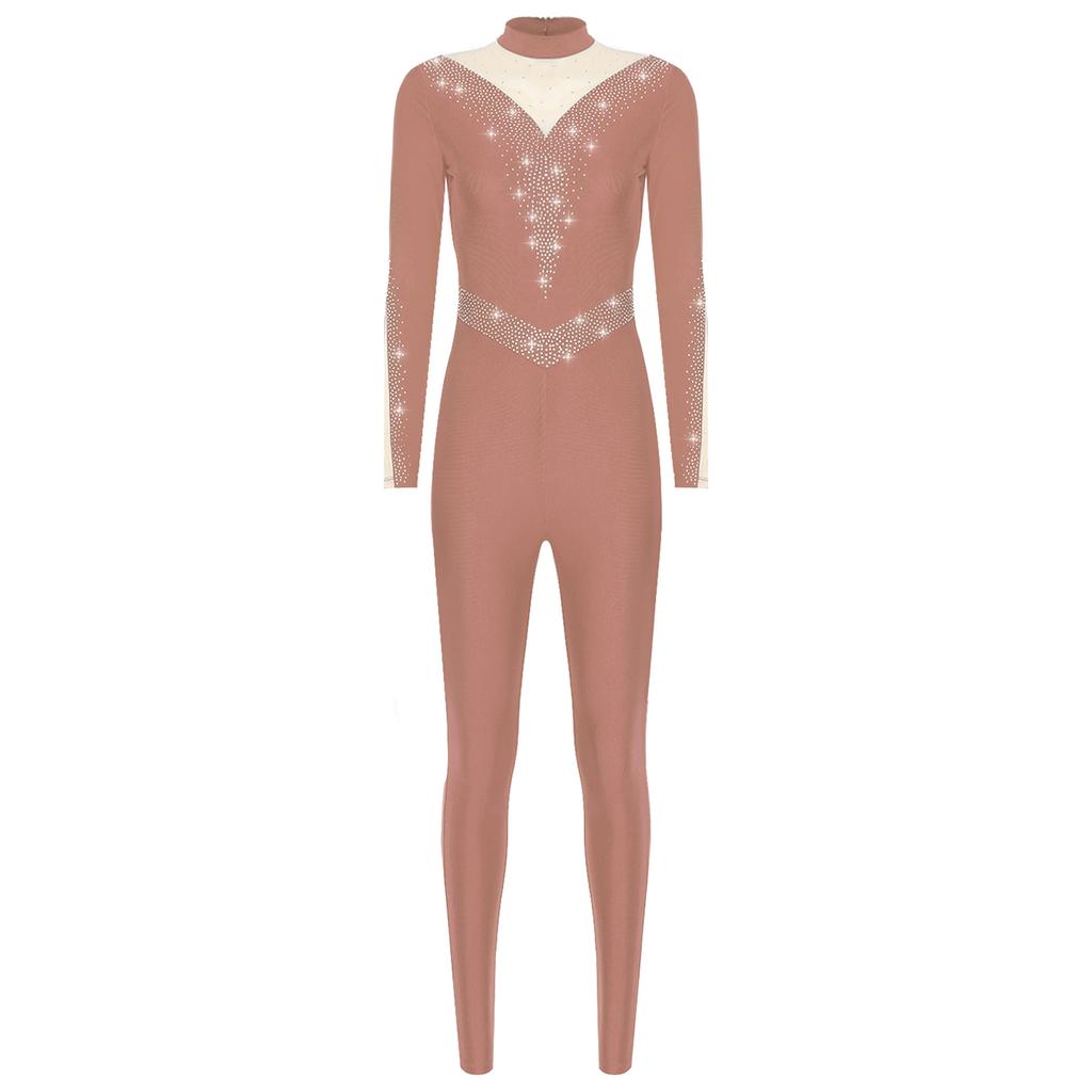 Womens Sparkle Rhinestone Dance Gymnastics Leotard Mock Neck Long Sleeve Long Pants Jumpsuit
