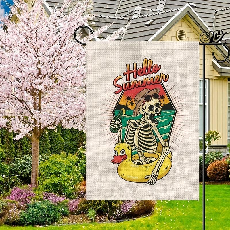 1 pz Bandiera da Giardino Estiva Segnali Piscina Teschio Scheletro Decorazioni Piscina Esterno Festa in Spiaggia Verticale Bifacciale Segno da Giardino 12,5 x 18 Pollici