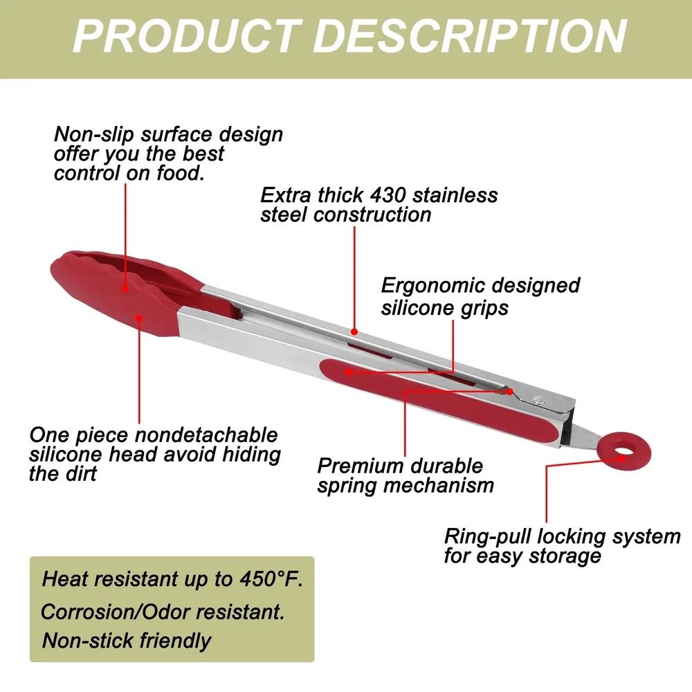 3PCS Kitchen Tongs Set Silicone Tips Non-Stick Stainless Steel Heat Resistant Cooking Tools Locking Mechanism