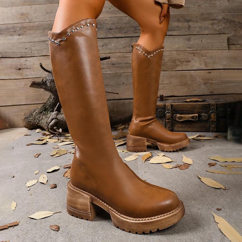 Women'S Solid Color Chunky Heeled Boots Fashion Rivet Decor Platform Knee High Boots Woman Autumn Winter Pu Leather Long Botas