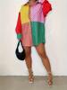 Kleurrijk Patchwork Retro Lange Mouwen Shirt met Kraag - Grote Maat