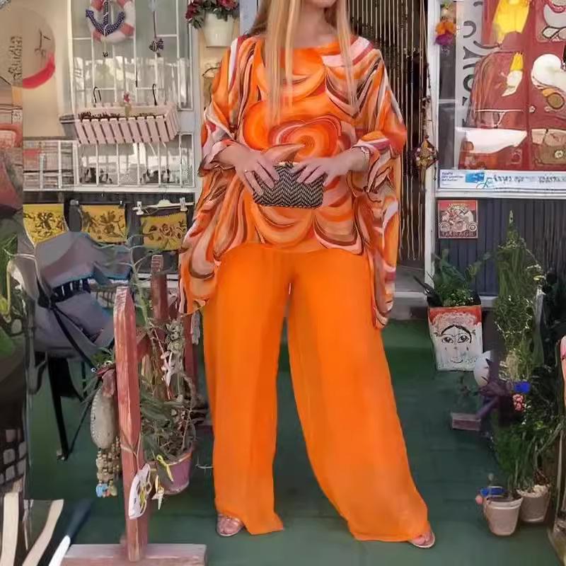 2024 Summer Colorful Chiffon Print Casual Two-Piece Set with Round Neck