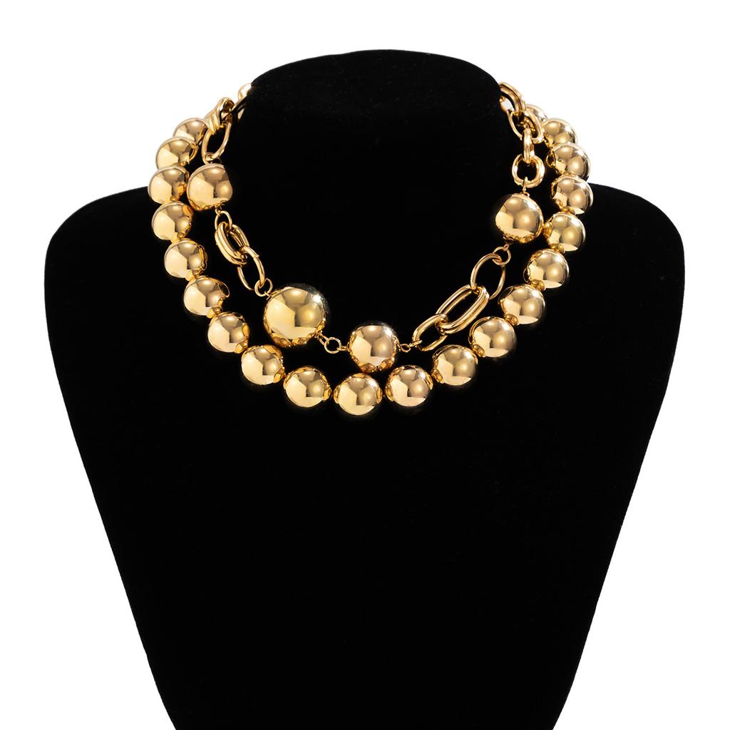Creative punk style round bead double layer necklace with exaggerated metal chain