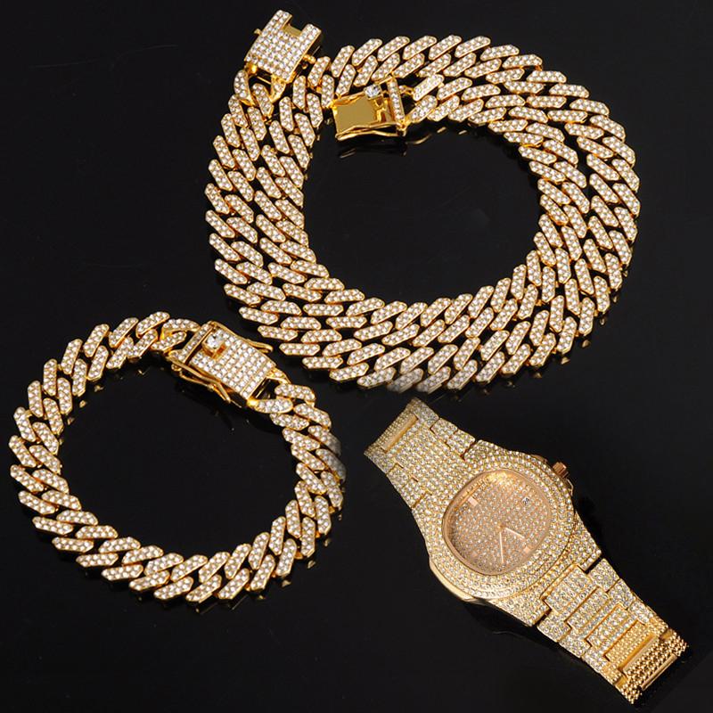 

HIP 12MM Prong Necklace +Baguette Watch+Bracelet Hip Hop Prong Cuban Chain Iced Out Paved Rhinestones CZ Bling For Men Jewelry
