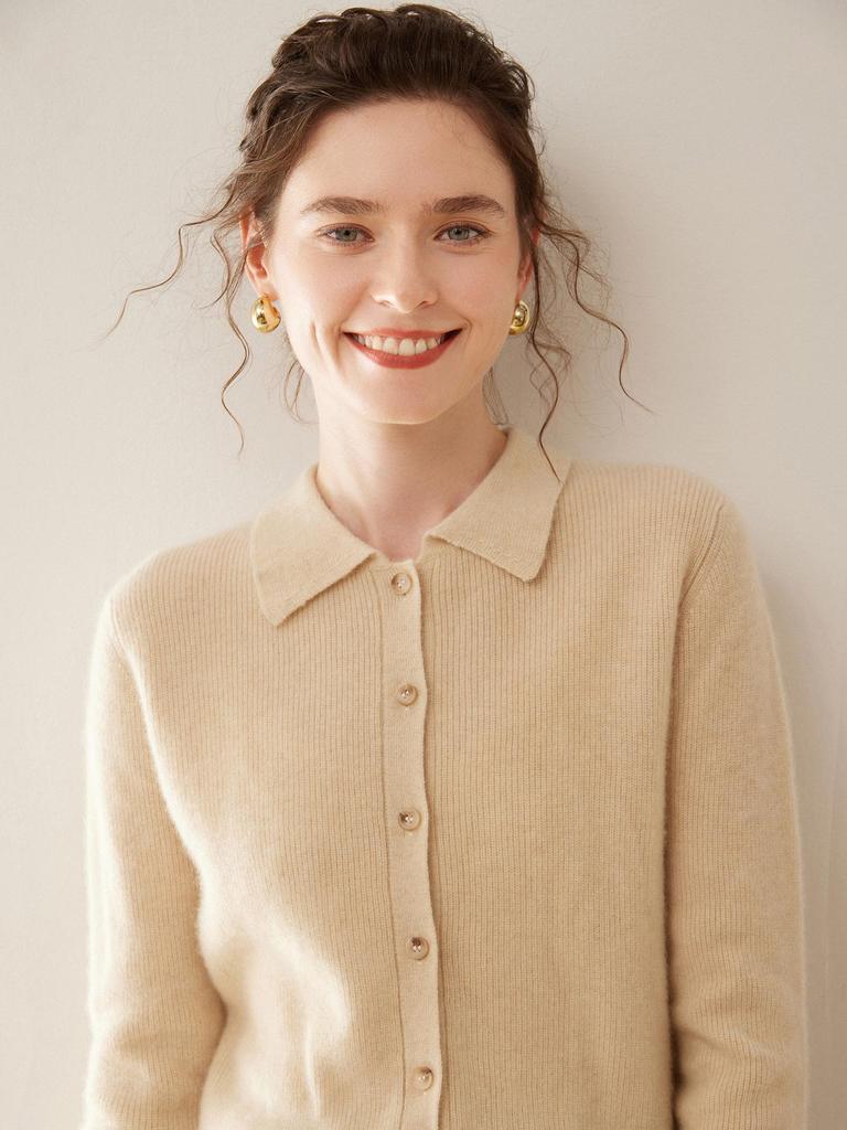 Women's Cashmere Polo Collar Knit Cardigan Sweater