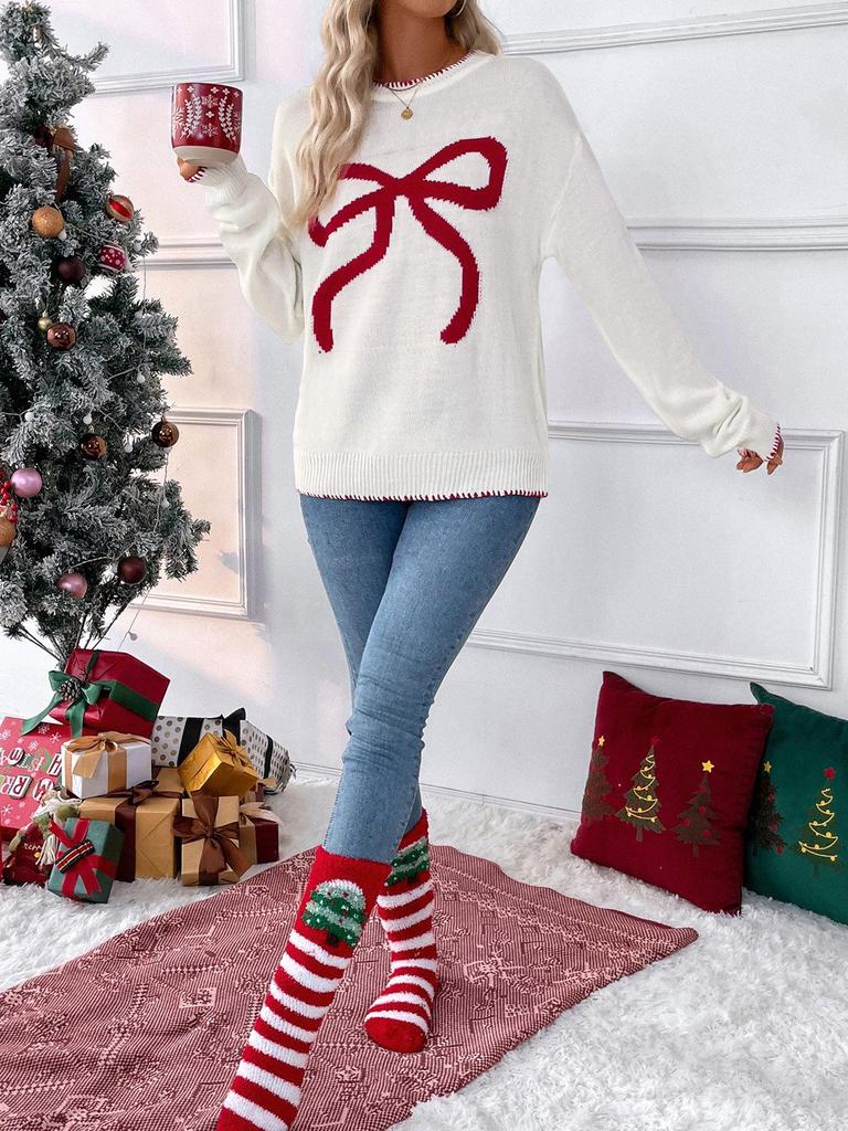 Women's Pink Bow Long Sleeve Christmas Sweater, Autumn/Winter European American Style, Loose Round Neck Knit Top