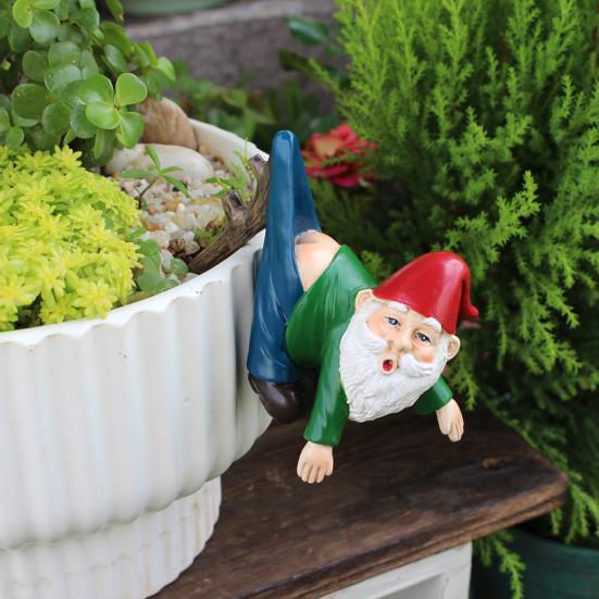 Flowerpot Dwarf Statue Planter Hanging Gnome Figurine Resin Dwarf with Pants Hanging on Branch Ornament for Garden Fence Window Box
