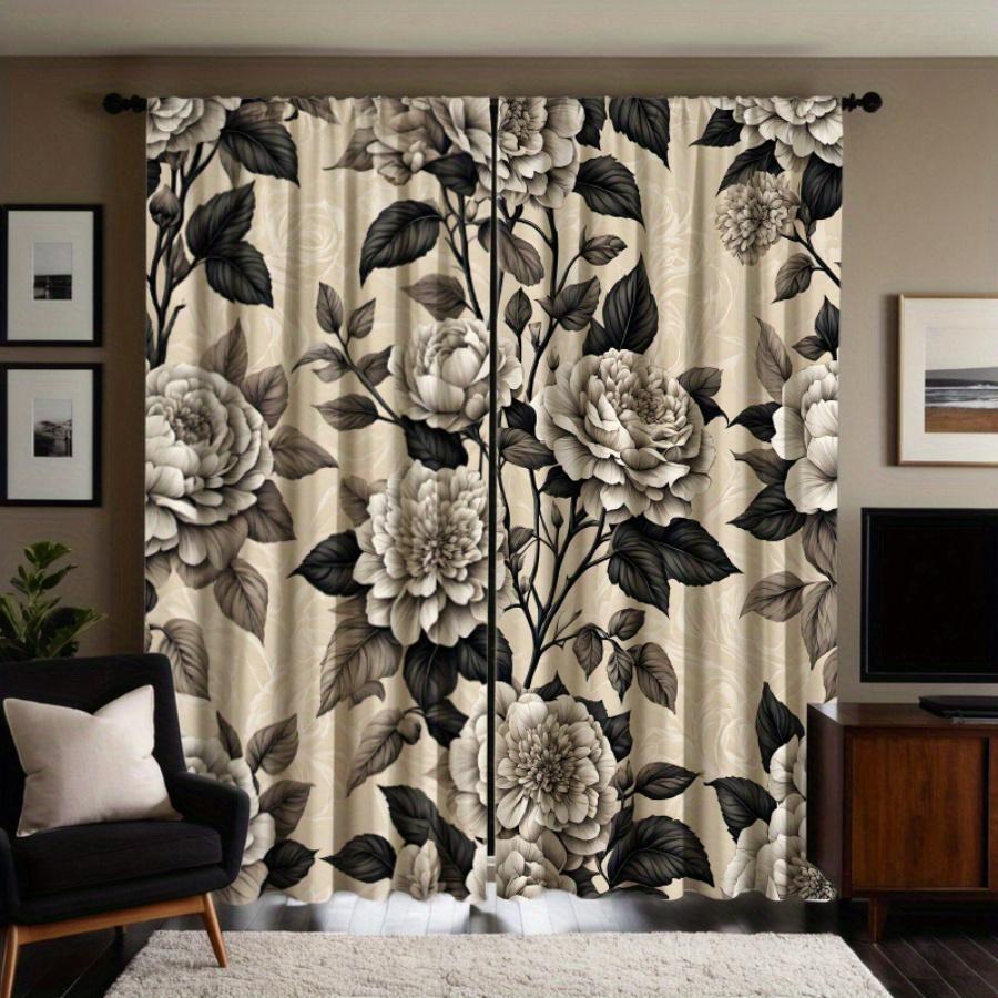 2pc  black and white floral print curtains   polyester fabric   machine washable   suitable for bedroom living room decoration